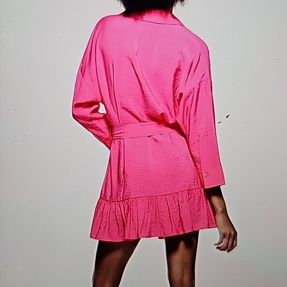 ZARA BARBIE PINK RUFFLED SATIN EFFECT DRESS BARBIECORE SMALL - Picture 2 of 9